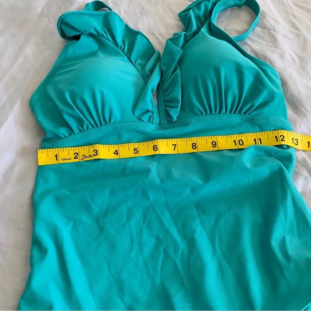 Serra Teal‎ Ruffle-Shoulder One-Piece Swimsuit Medium Padded Bra Plunging Neck